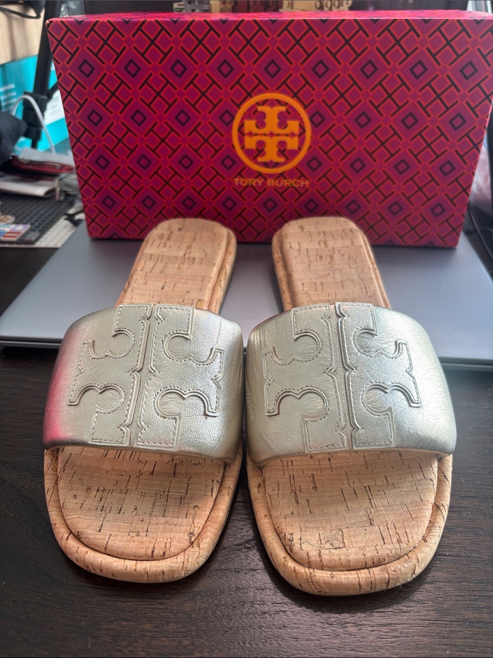 Tory Burch Silver Leather Cork Slide Sandals